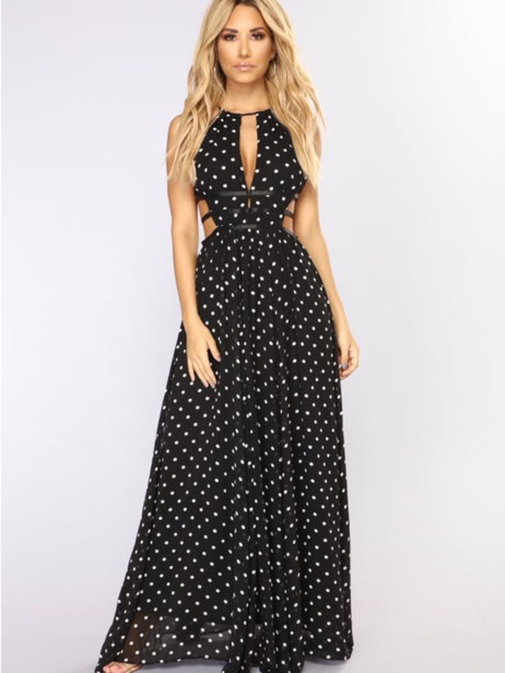 Black Polka Dot Cutout Maxi Dress - Sleeveless Elegant Evening Gown